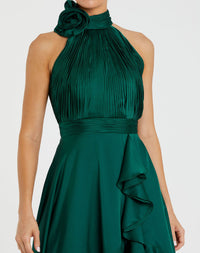 Halter Neck Flower Detail Ruffled Midi Dress - Emerald