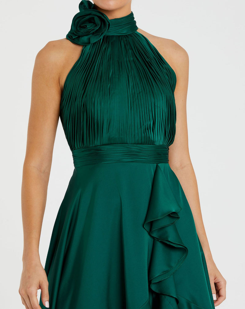 Halter Neck Flower Detail Ruffled Midi Dress - Emerald