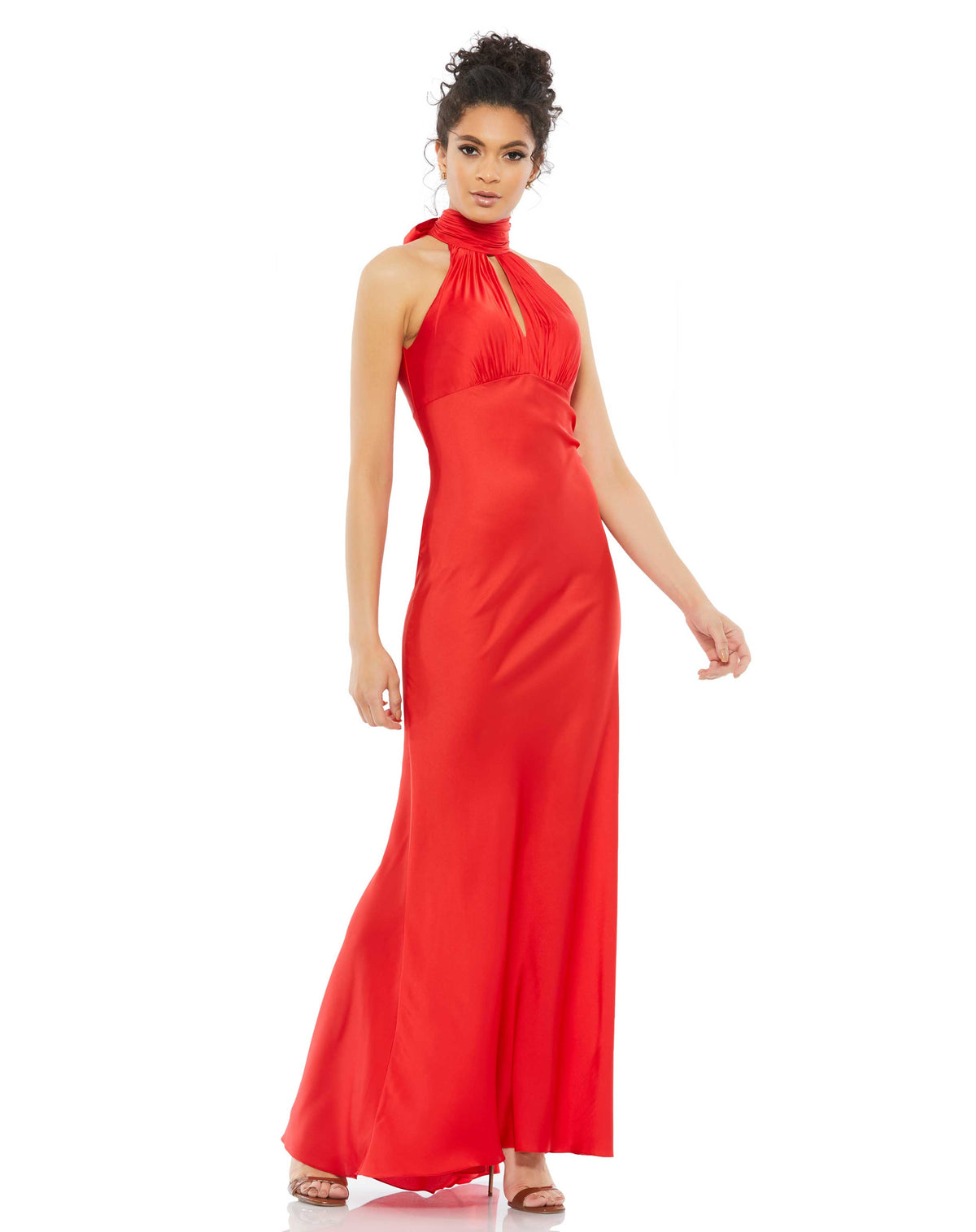 mac duggal Keyhole Halter Empire Waist Gown - White, engagement party dress, Style # 49520 red front