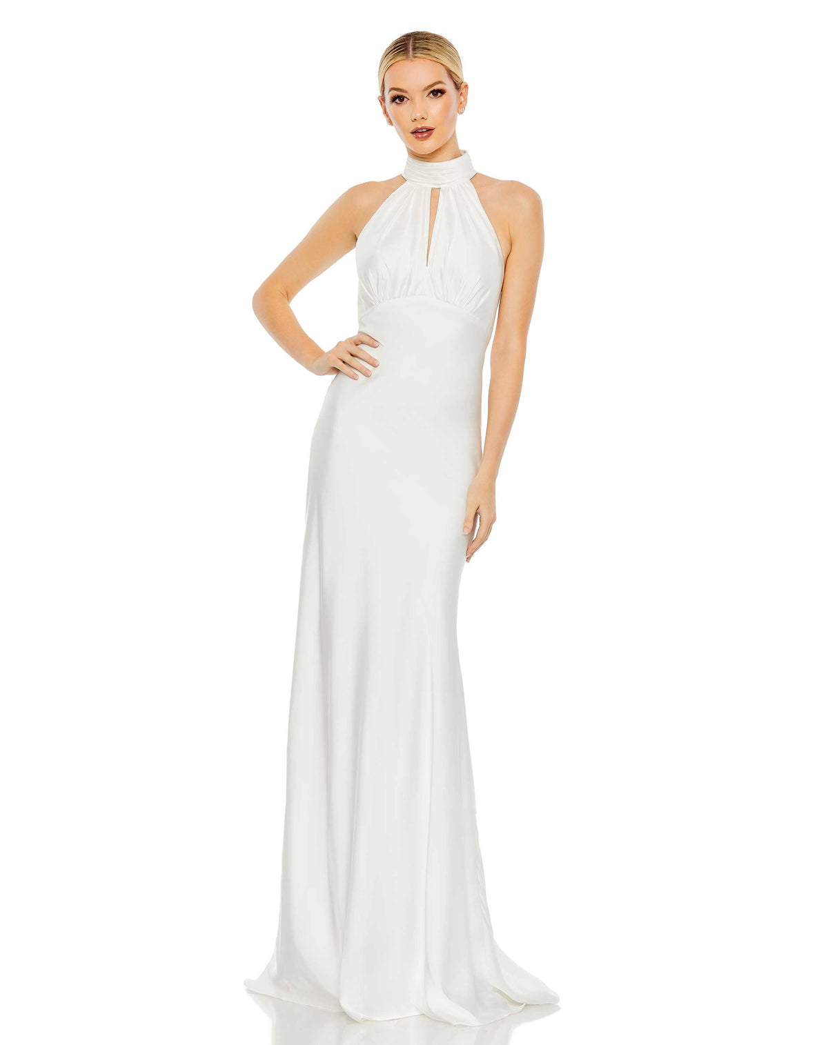 mac duggal Keyhole Halter Empire Waist Gown - White, engagement party dress, Style # 49520