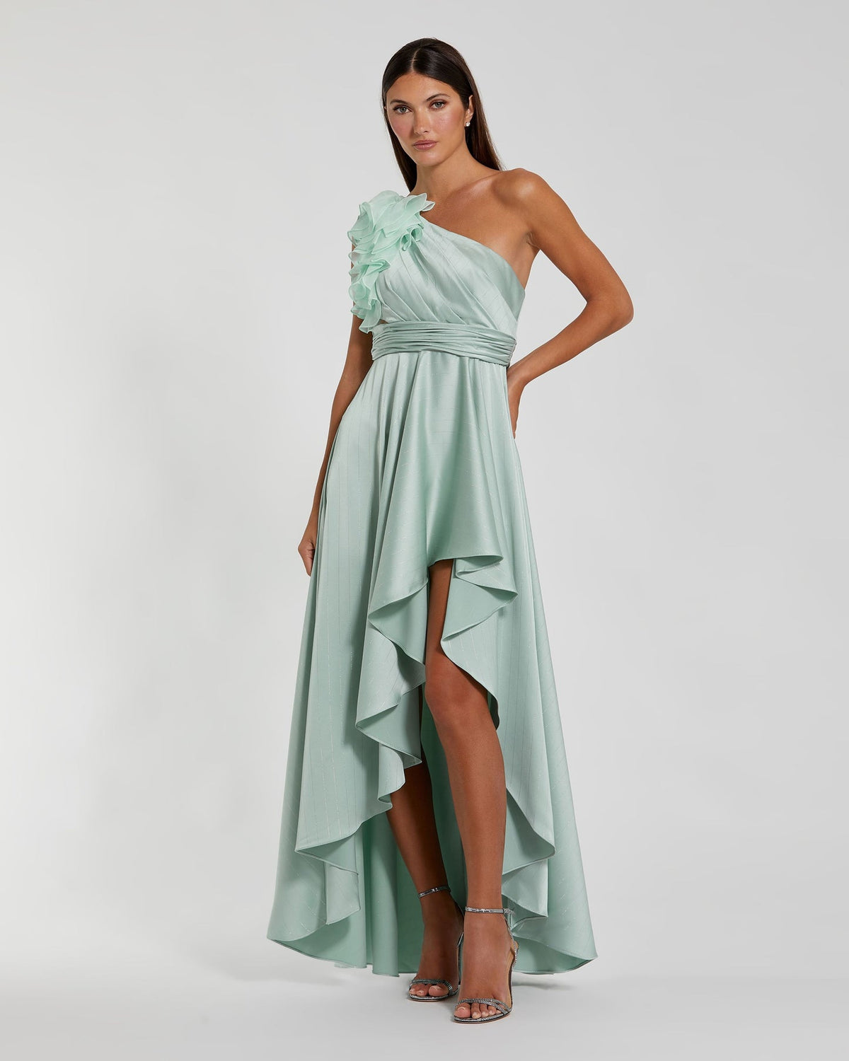 Mac Duggal #49523 Ruffled One Shoulder Cut Out Hi-Low Gown Sage 