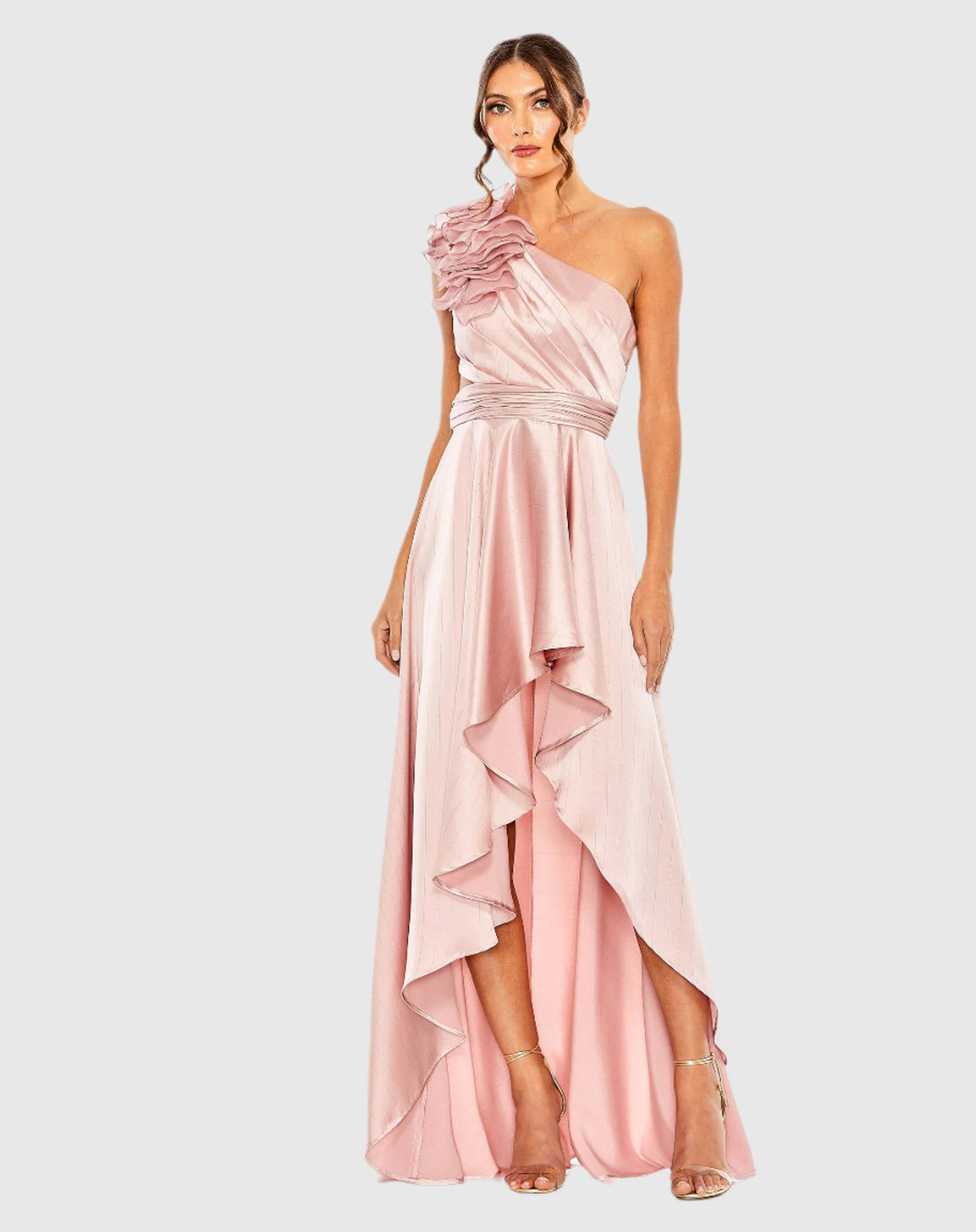 Mac Duggal #49523 Ruffled One Shoulder Cut Out Hi-Low Gown Rose Pink