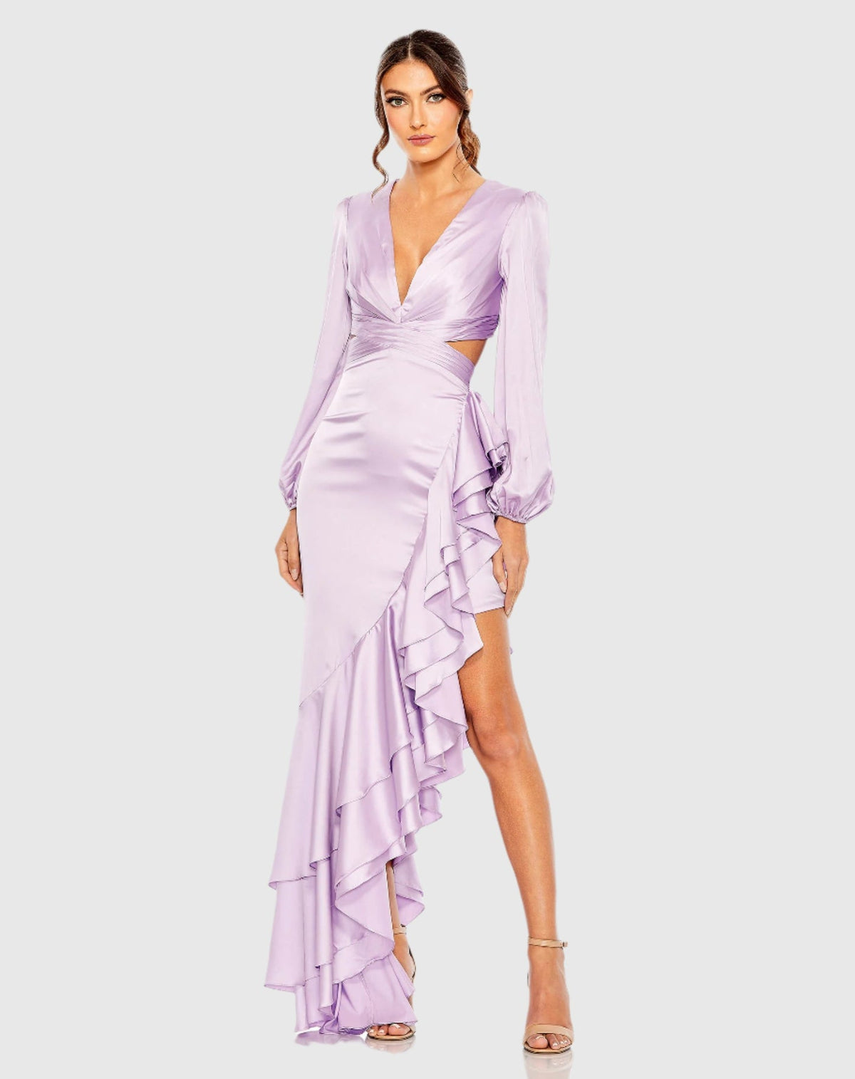 Mac Duggal  #49524 Cut Out Asymmetrical Ruffled Gown, Lilac
