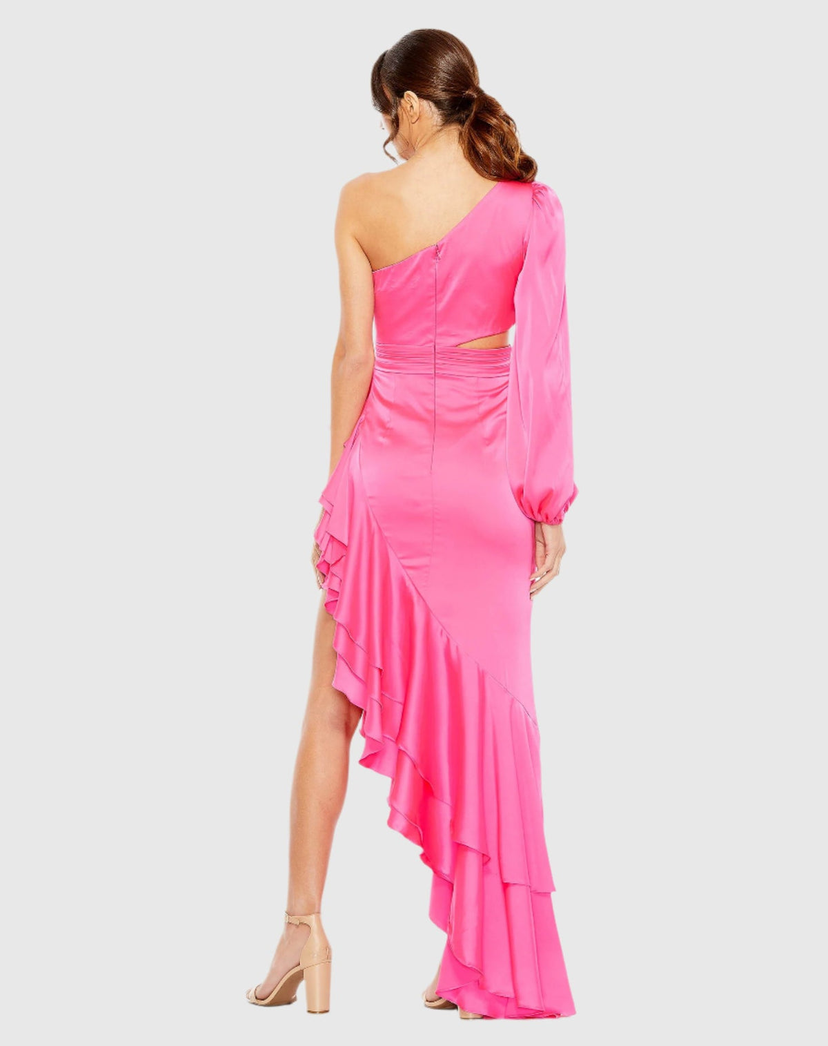 One sleeve cut out asymmetrical ruffle gown - Pink