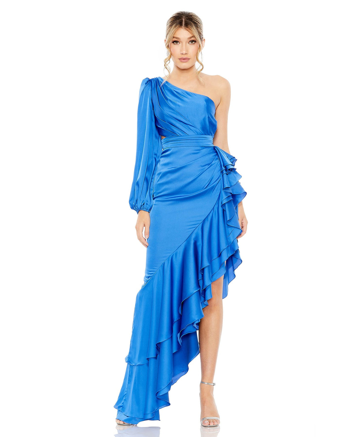 Mac Duggal Style #49531 One sleeve cut out asymmetrical ruffle gown - Cobalt Blue