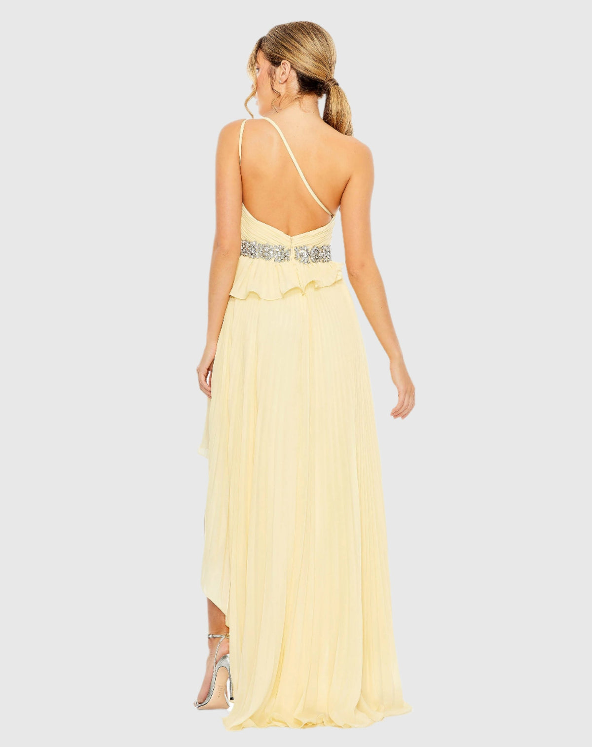 Pleated One Shoulder Asymmetrical Ruffle Hem Gown - Black