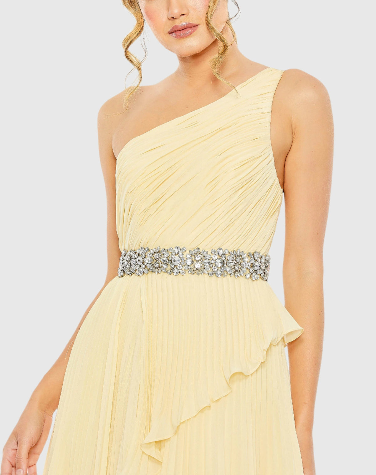 Pleated One Shoulder Asymmetrical Ruffle Hem Gown - Butter