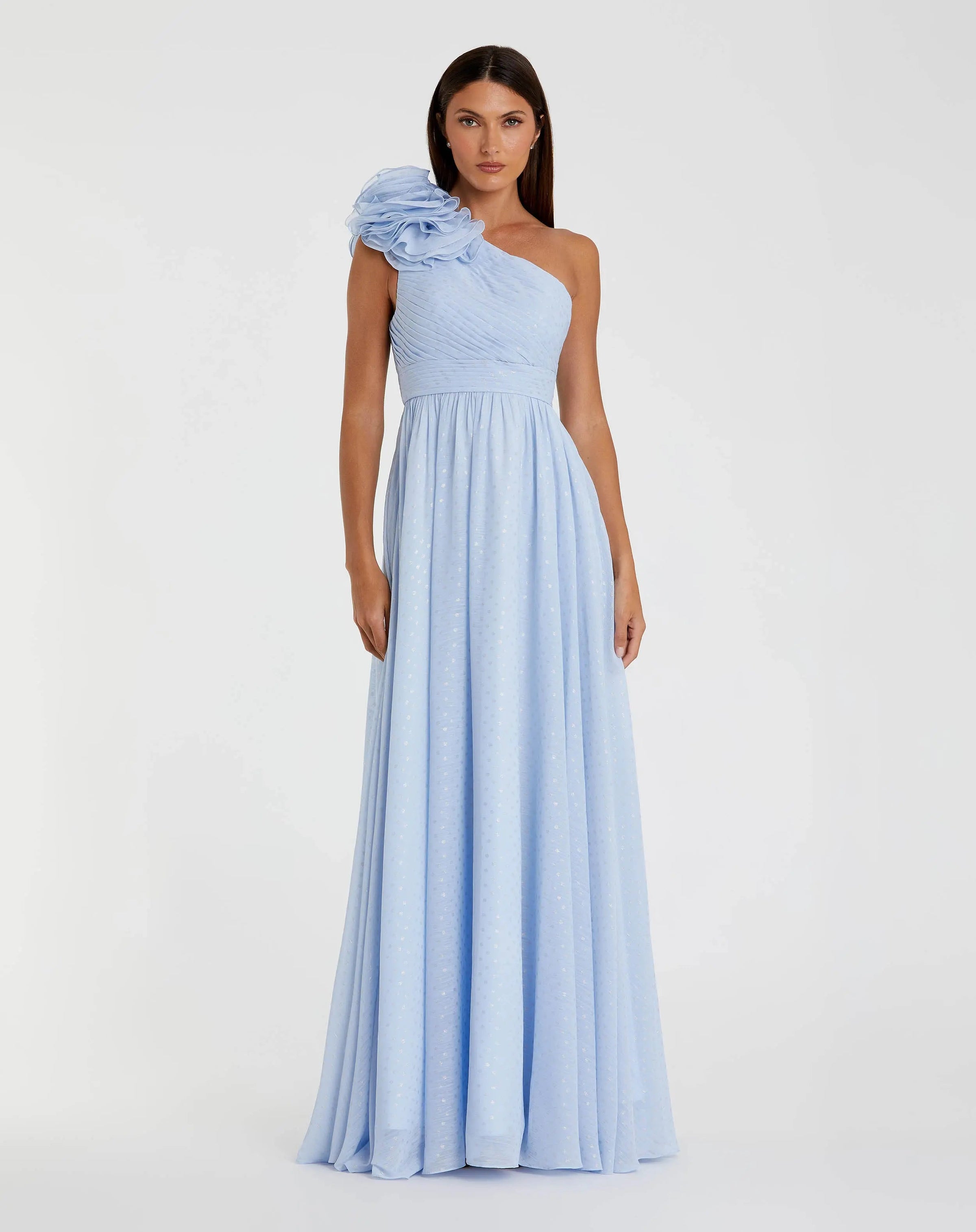 Mac Duggal #49536 powder blue one shoulder polka dot chiffon gown with ruffle detail