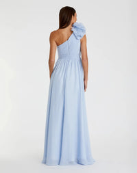 Mac Duggal #49536 powder blue one shoulder polka dot chiffon gown with ruffle detail
