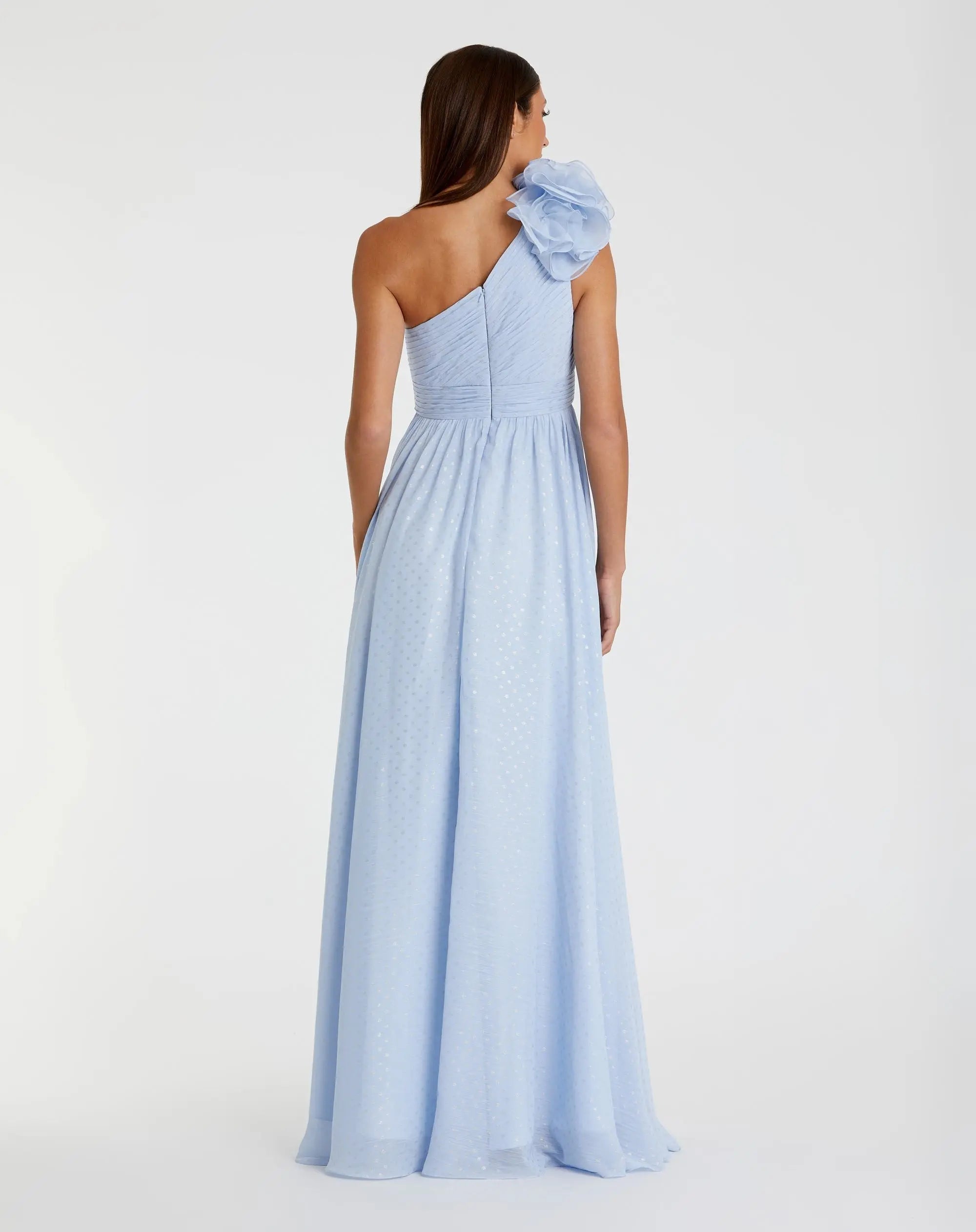 Mac Duggal #49536 powder blue one shoulder polka dot chiffon gown with ruffle detail