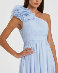 Mac Duggal #49536 powder blue one shoulder polka dot chiffon gown with ruffle detail