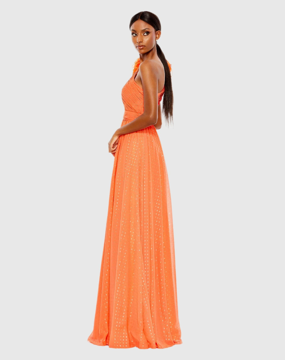 Polka Dot Ruffled One Shoulder Gown - Tangerine