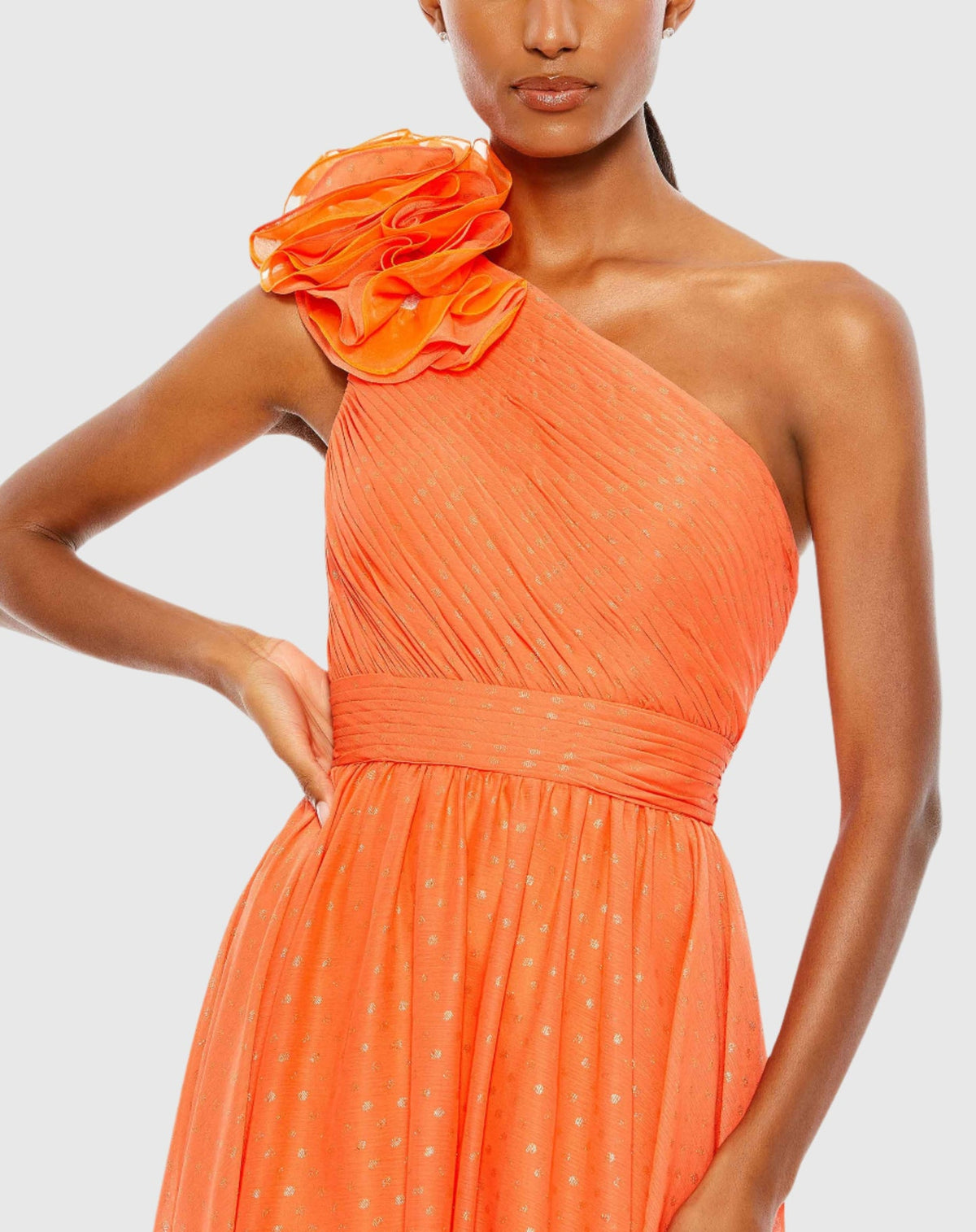 Polka Dot Ruffled One Shoulder Gown - Tangerine
