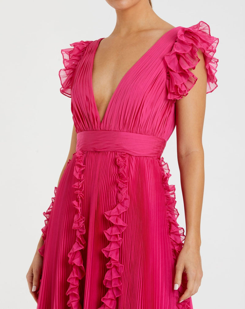 Pleated Ruffle Cap Sleeve Dress - Marigold