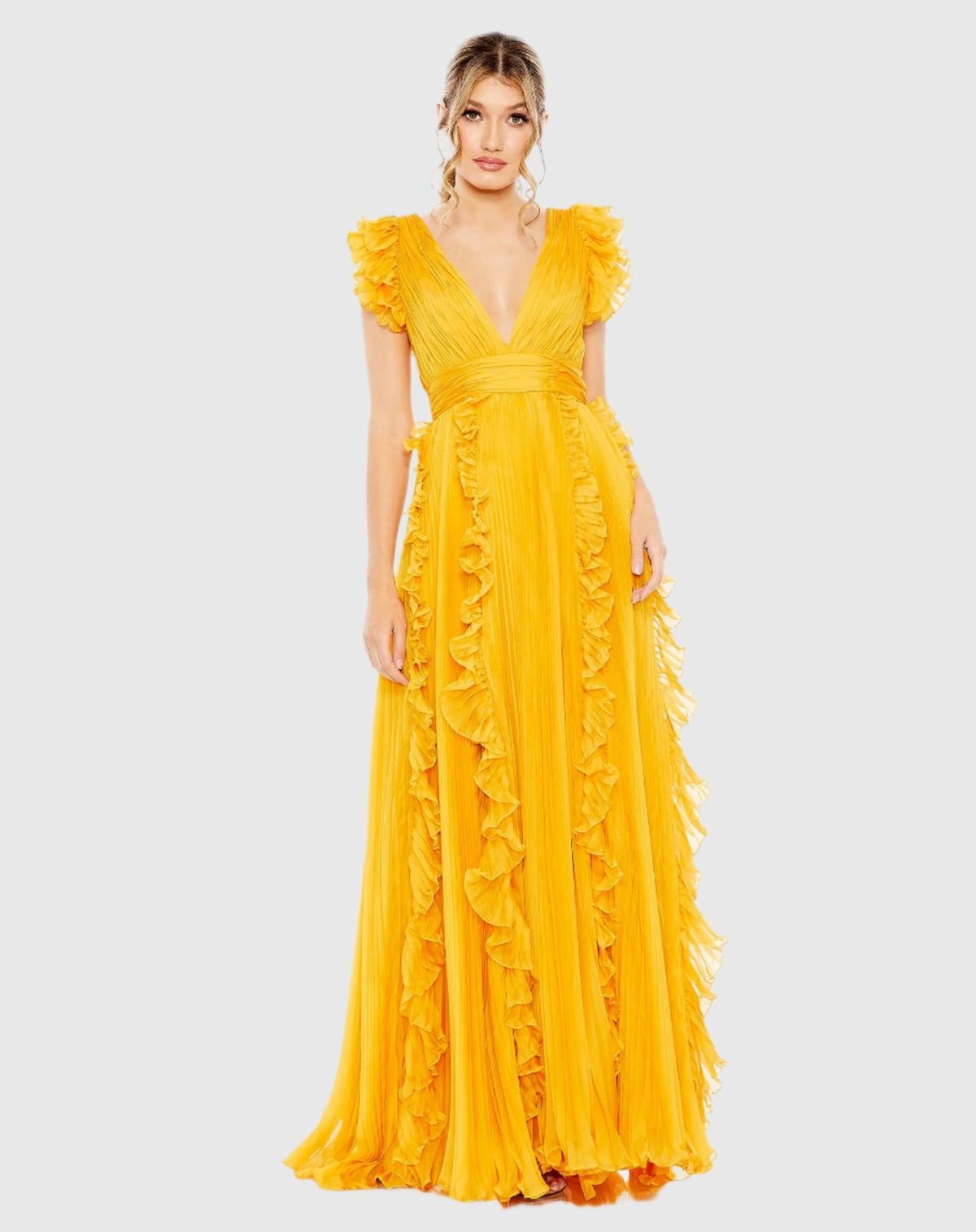 Mac Duggal Pleated Ruffle Cap Sleeve Dress - Marigold #49539