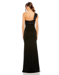 Mac Duggal, ONE SHOULDER DRAPED TRUMPET GOWN, Style #49547, black back view