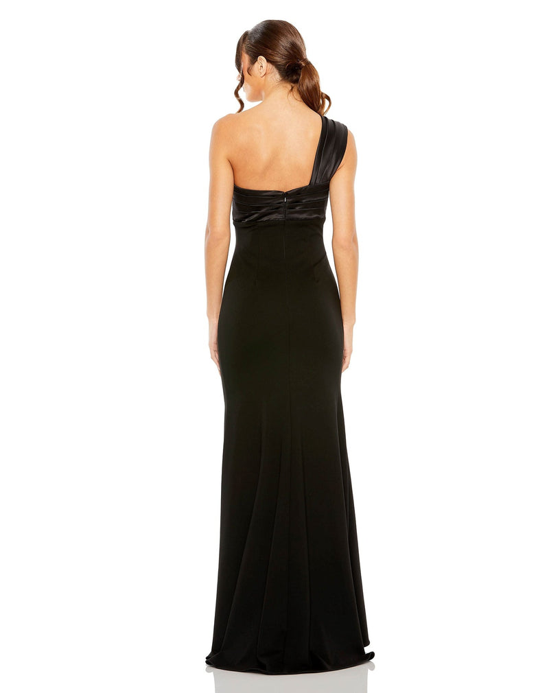 Mac Duggal, ONE SHOULDER DRAPED TRUMPET GOWN, Style #49547, black back view