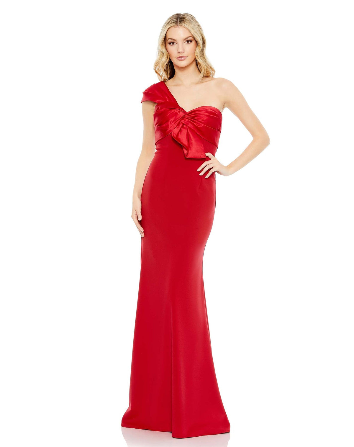 Mac Duggal, ONE SHOULDER DRAPED TRUMPET GOWN, Style #49547, red