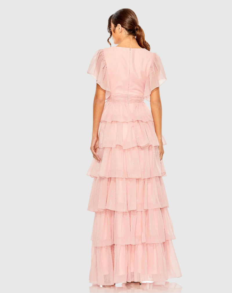 Flutter Sleeve Ruffle Tiered Gown - Petal Pink