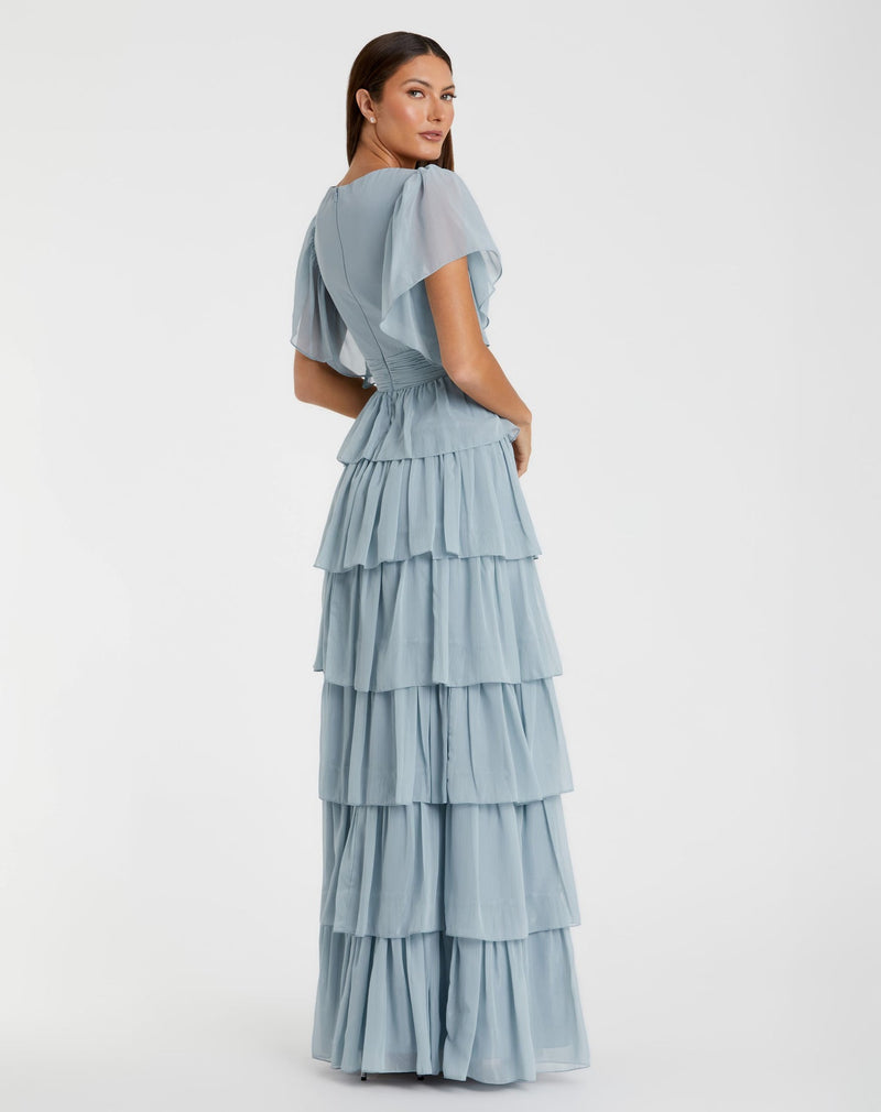 Flutter Sleeve Ruffle Tiered Gown - Petal Pink