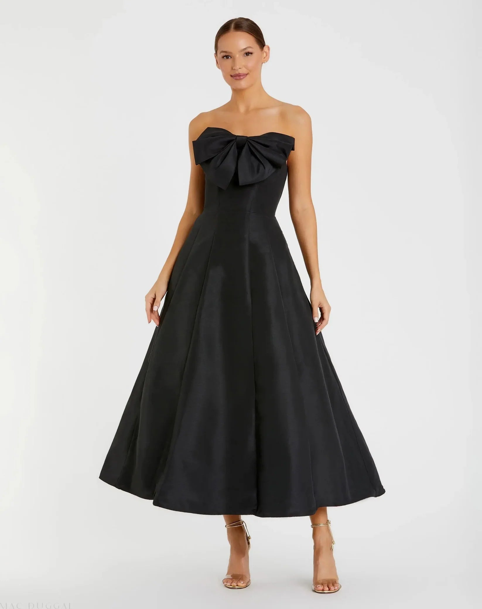 Mac Duggal 49605 Black strapless ballgown with bow detail - front