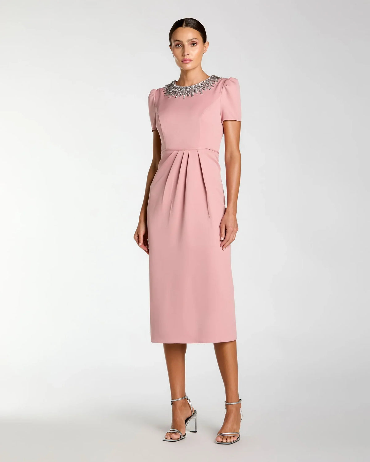 Mac Duggal 49606 Rose Pink rhinestone neckline column dress - front