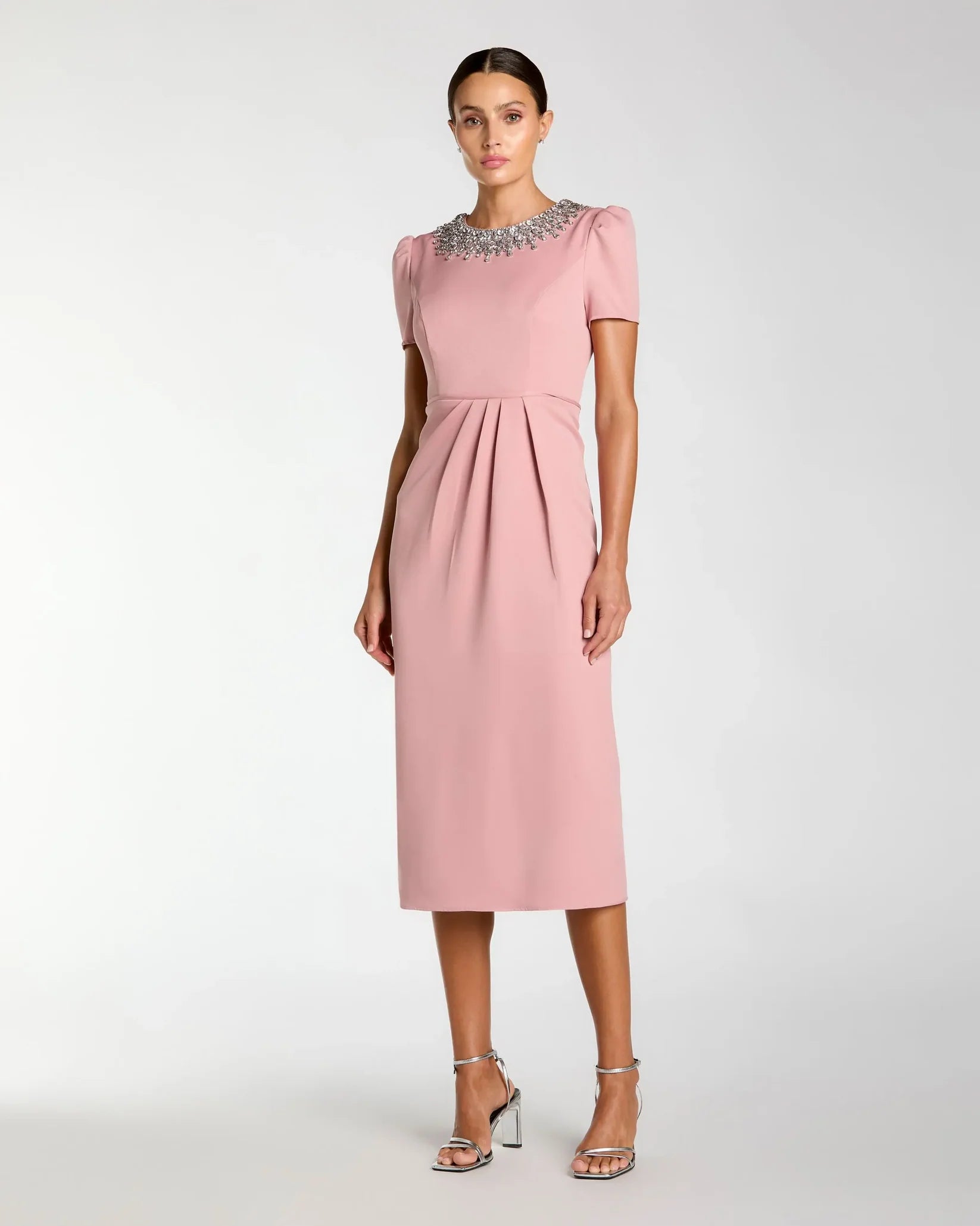 Mac Duggal 49606 Rose Pink rhinestone neckline column dress - front