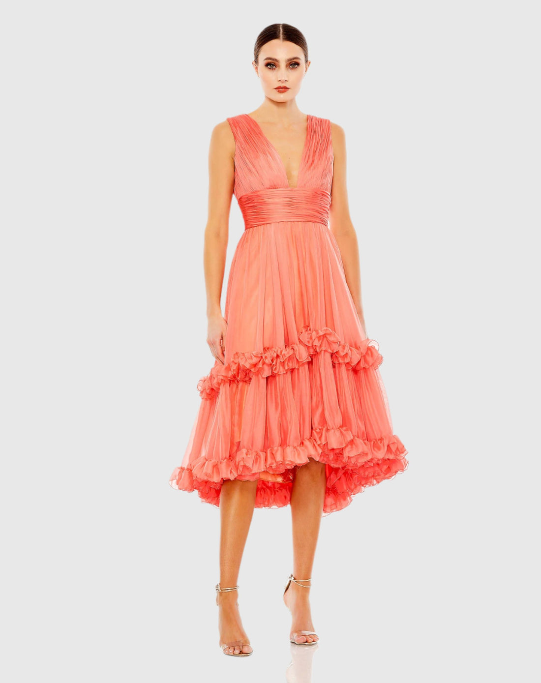 Mac Duggal, #49635 V Neck Tiered Midi Dress - Coral 
