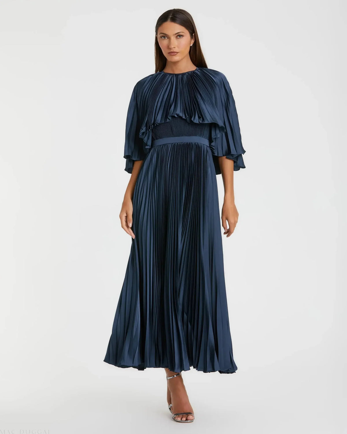 Mac Duggal 49638 Midnight pleated charmeuse capelet tea length dress - front