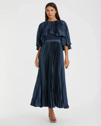 Mac Duggal 49638 Midnight pleated charmeuse capelet tea length dress - front