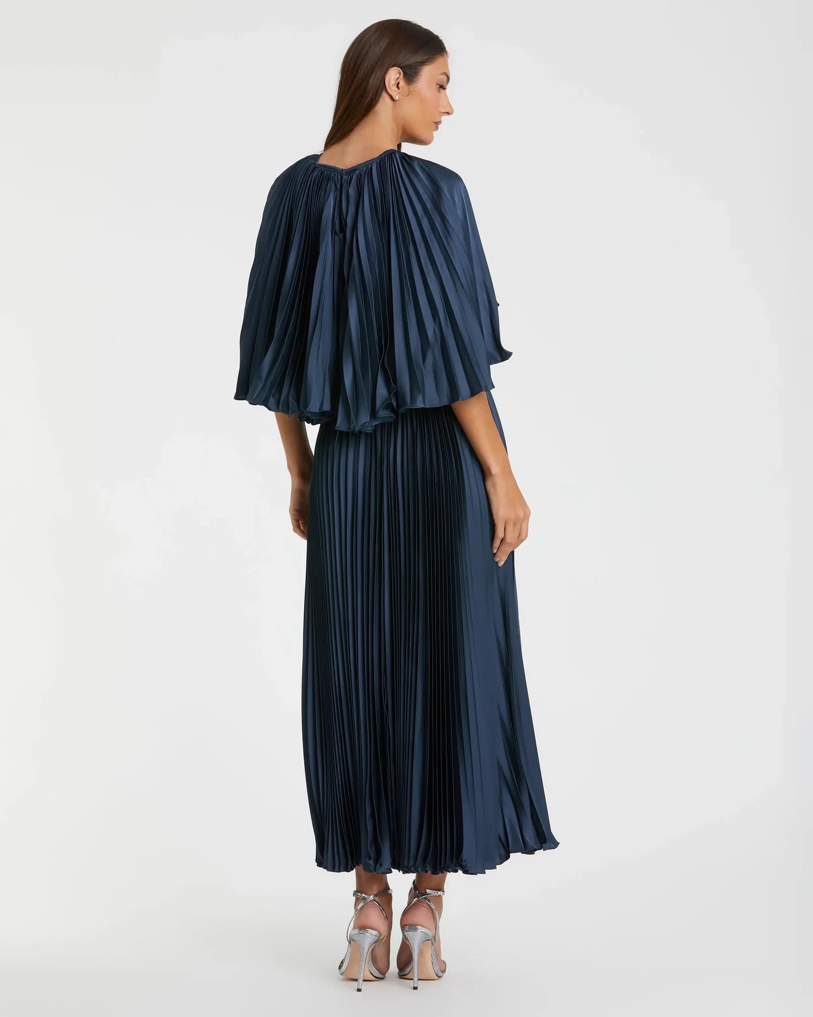 Mac Duggal 49638 Midnight pleated charmeuse capelet tea length dress - back
