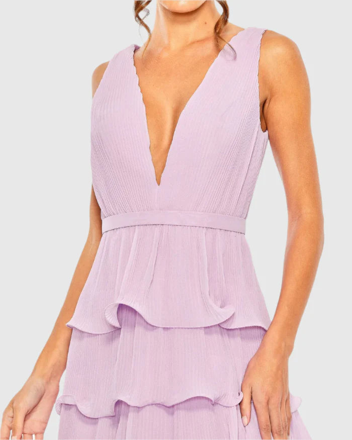 Deep V Sleeveless Ruffle Midi Dress - Orchid