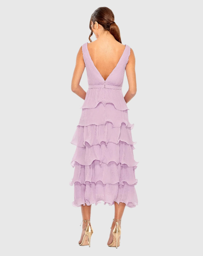 Deep V Sleeveless Ruffle Midi Dress - Orchid