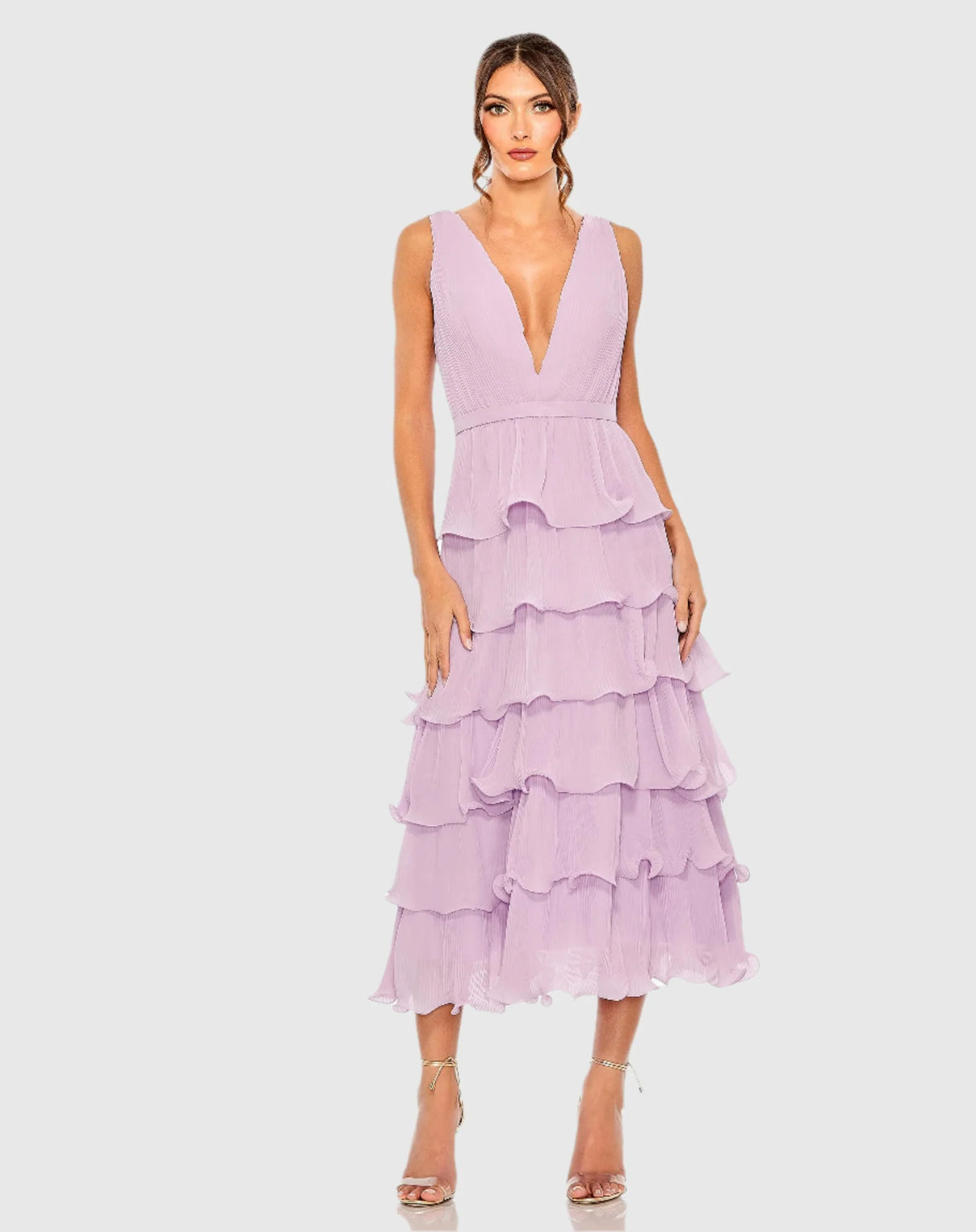 Mac Duggal Purple Deep V Chiffon Sleeveless Ruffle Midi Dress #49671 Orchid 