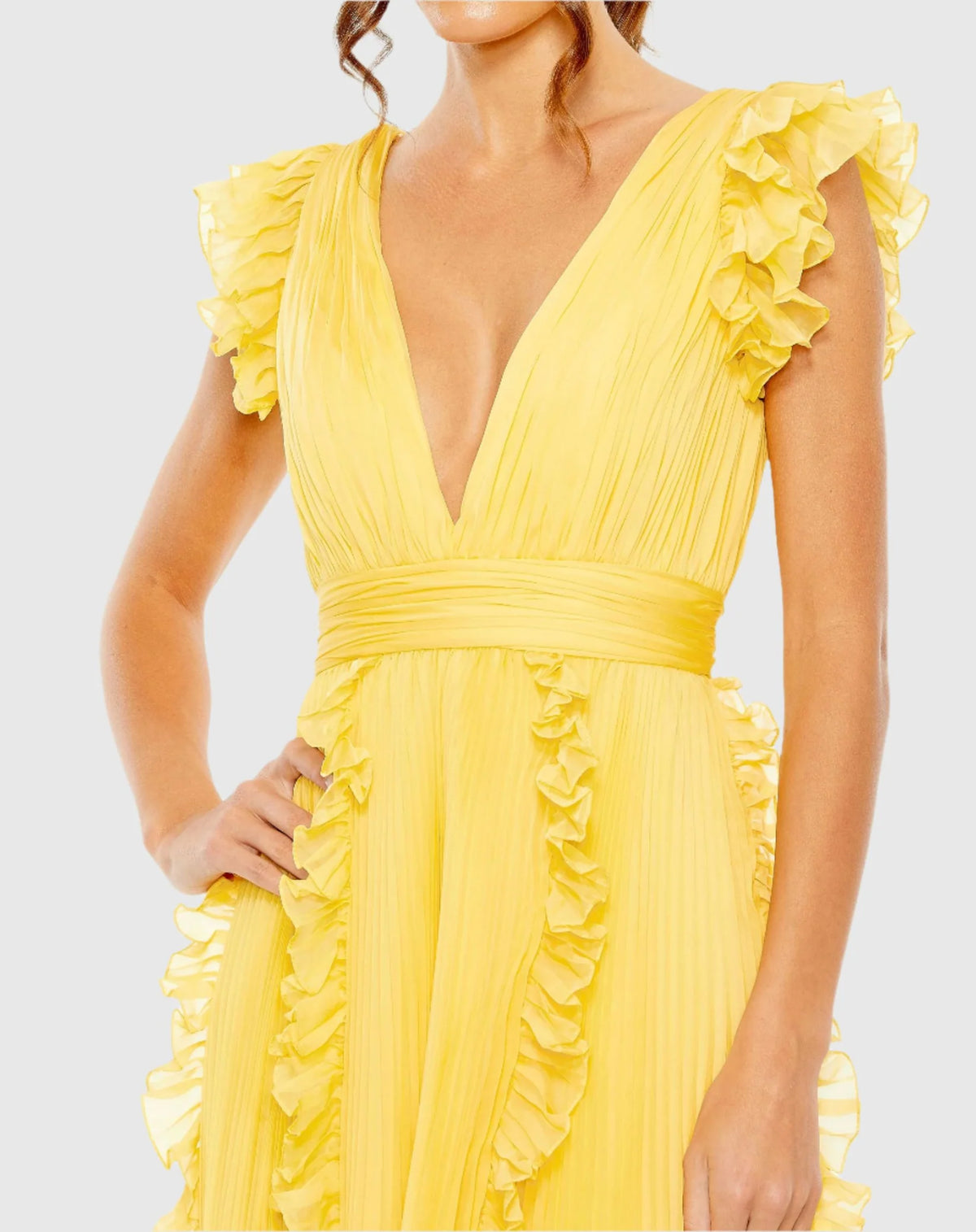 Pleated V Neck Ruffle Midi Dress - Butter