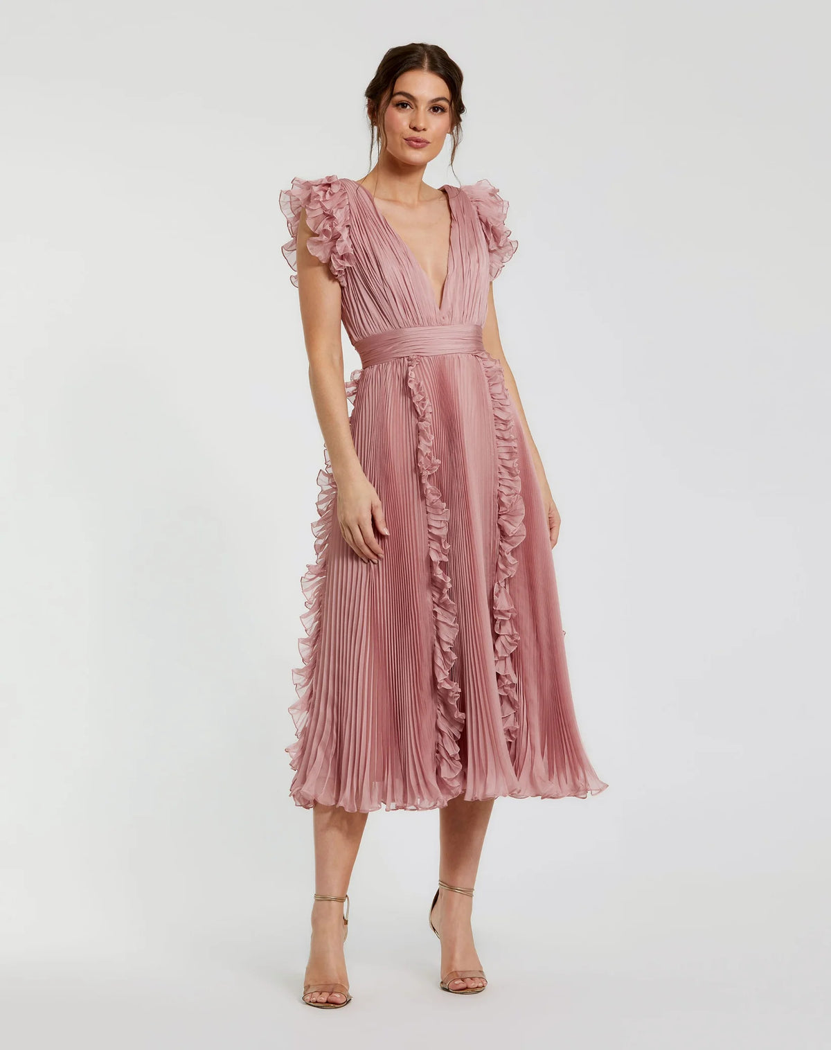 Mac Duggal Pleated Chiffon V Neck Ruffle Midi Dress Rose #49675