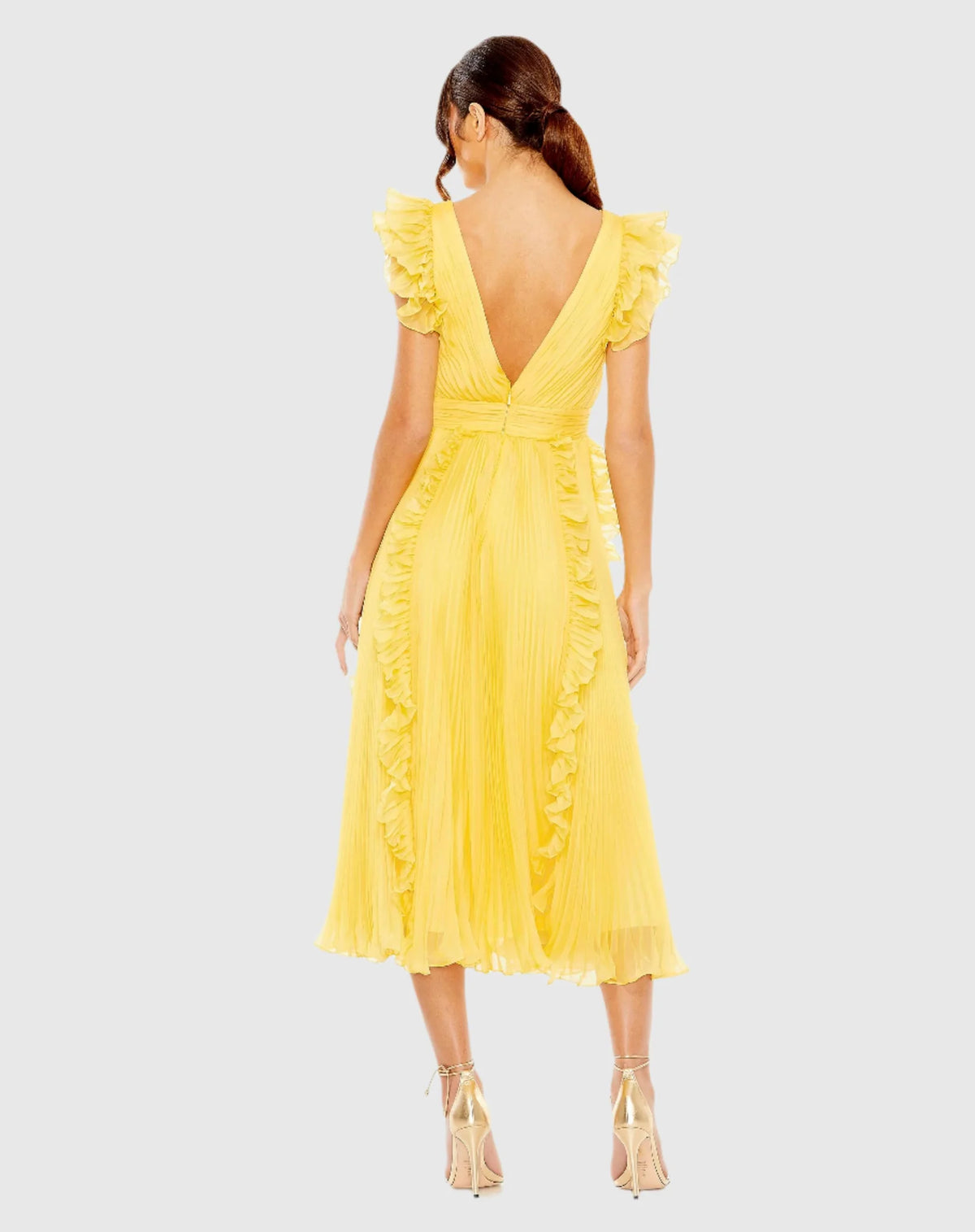 Pleated V Neck Ruffle Midi Dress - Butter