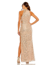 Mac Duggal, Style #49679, Side cut out high neck sequin gown black back view