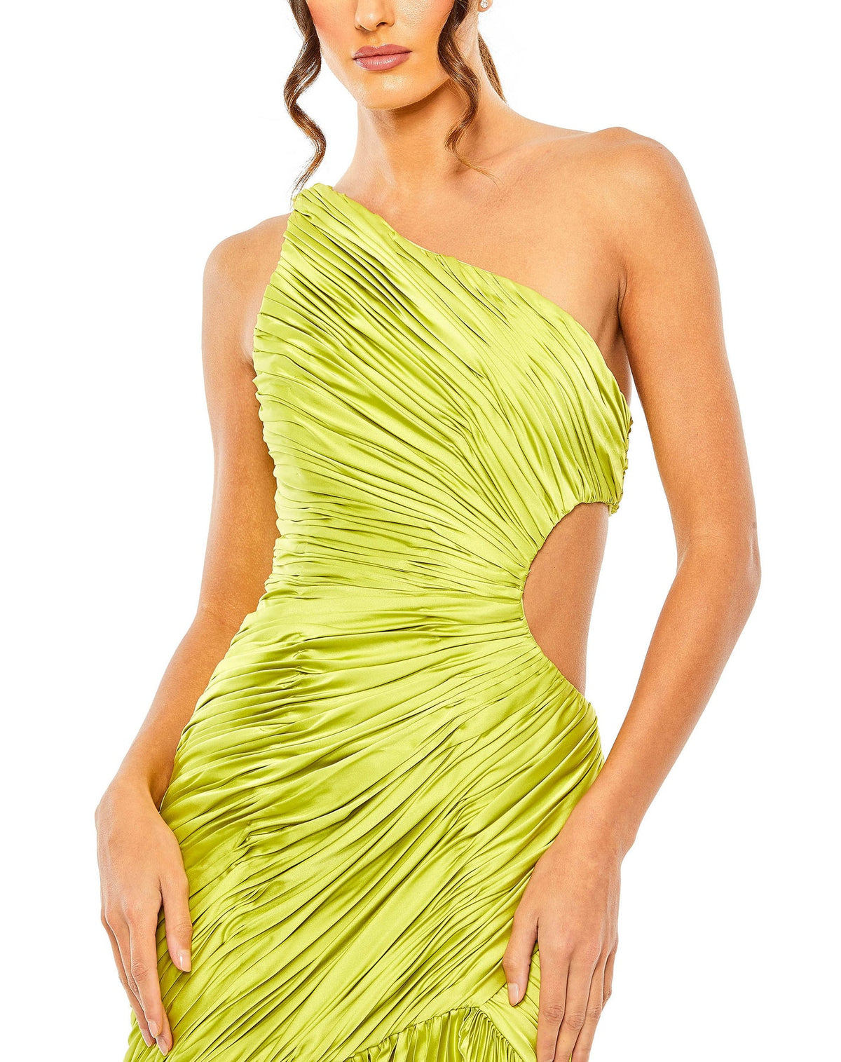 SIDE CUT-OUT ONE-SHOULDER PLEATED GOWN - Apple Green Mac Duggal close up