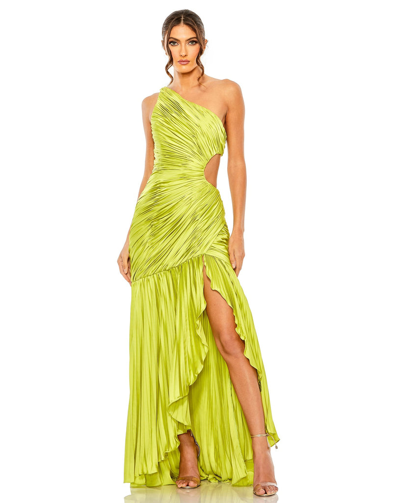SIDE CUT-OUT ONE-SHOULDER PLEATED GOWN - Apple Green Mac Duggal