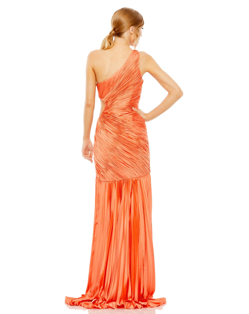 SIDE CUT-OUT ONE-SHOULDER PLEATED GOWN - Apple Green Mac Duggal back view