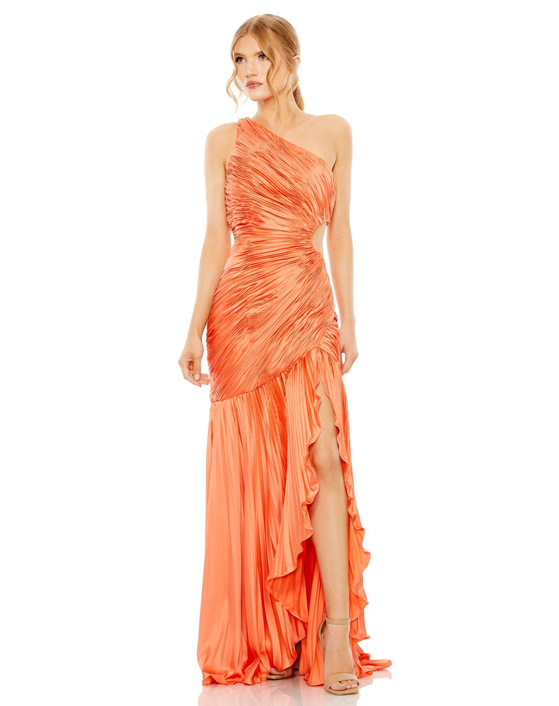 SIDE CUT-OUT ONE-SHOULDER PLEATED GOWN - Apple Green Mac Duggal front