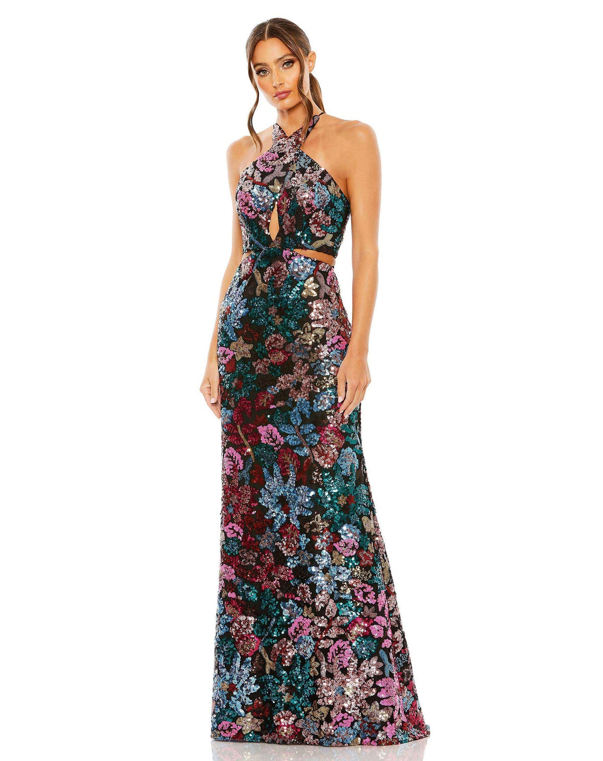 SEQUIN EMBELLISHED CROSS NECK GOWN Black Multi Style #49695