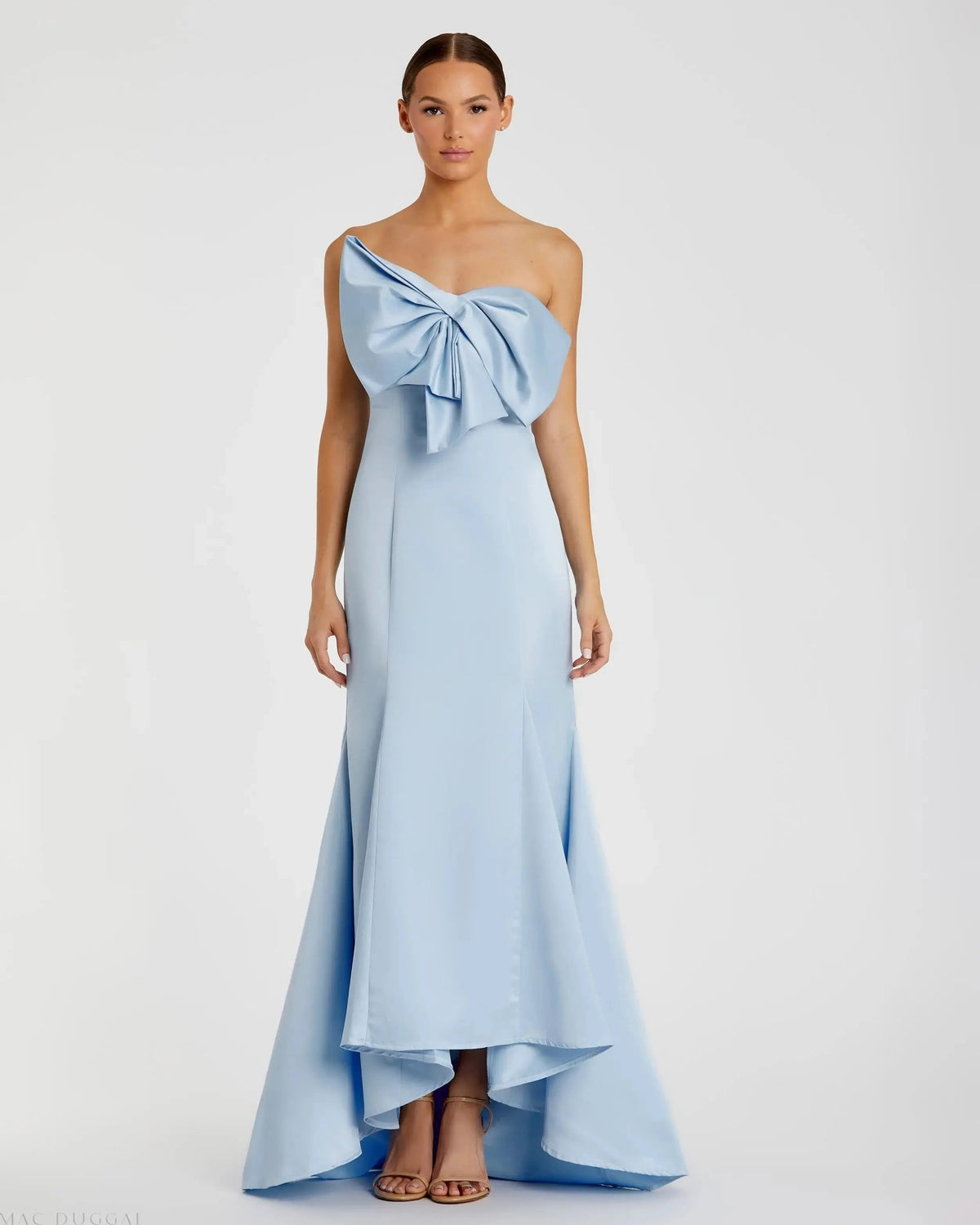 Mac Duggal 49701 Powder Blue strapless bow mermaid gown - Front