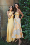 Brocade Strapless Floral Gown - Peach