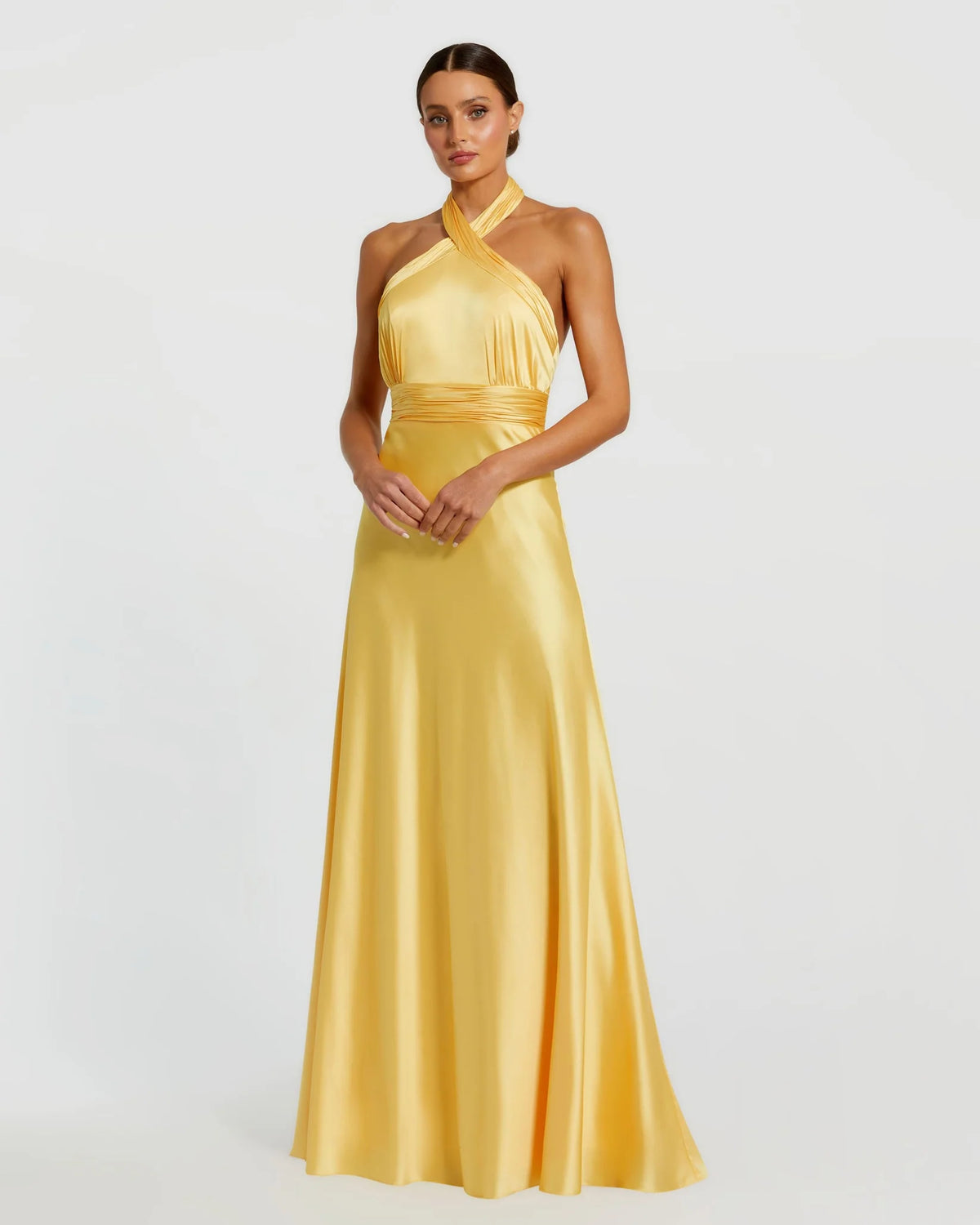 andie anderson yellow dress Mac Duggal Andie Anderson Yellow Ruched Halter Neck Tie Back Satin Gown - Lemon Yellow #49728 | Shop Bridesmaids Dresses | 10% Off Your First Order | Shaide