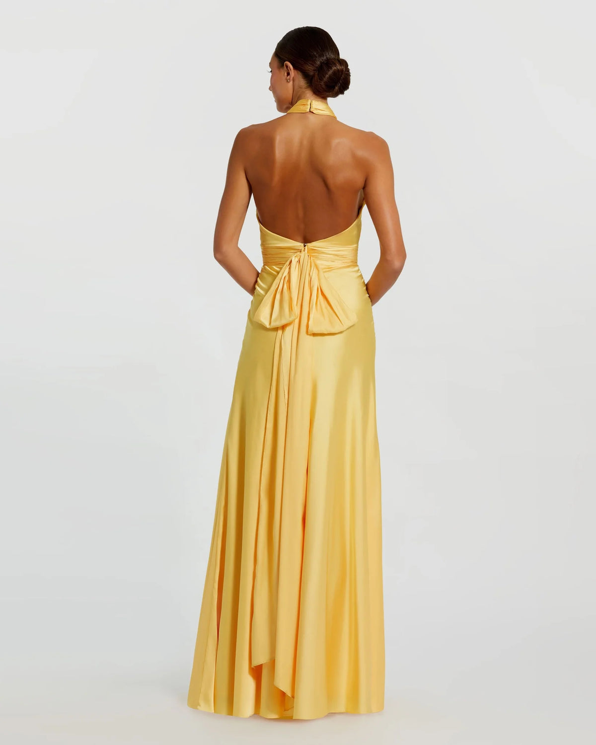 Green Ruched Halter Neck Tie Back Satin Gown - Sage