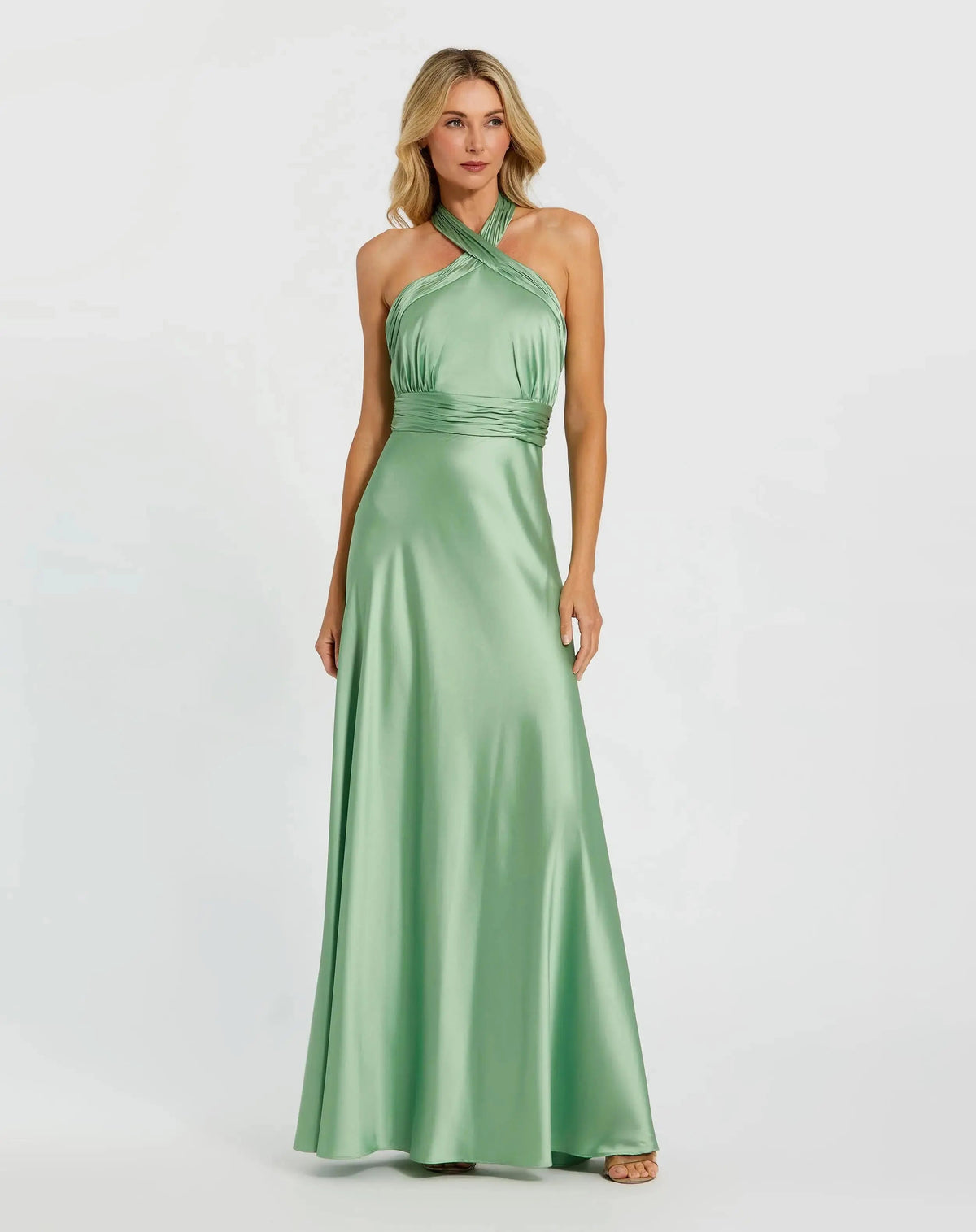 Mac Duggal #49728 sage ruched halter neck tie back satin gown