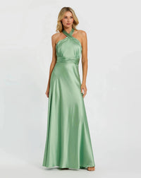 Mac Duggal #49728 sage ruched halter neck tie back satin gown
