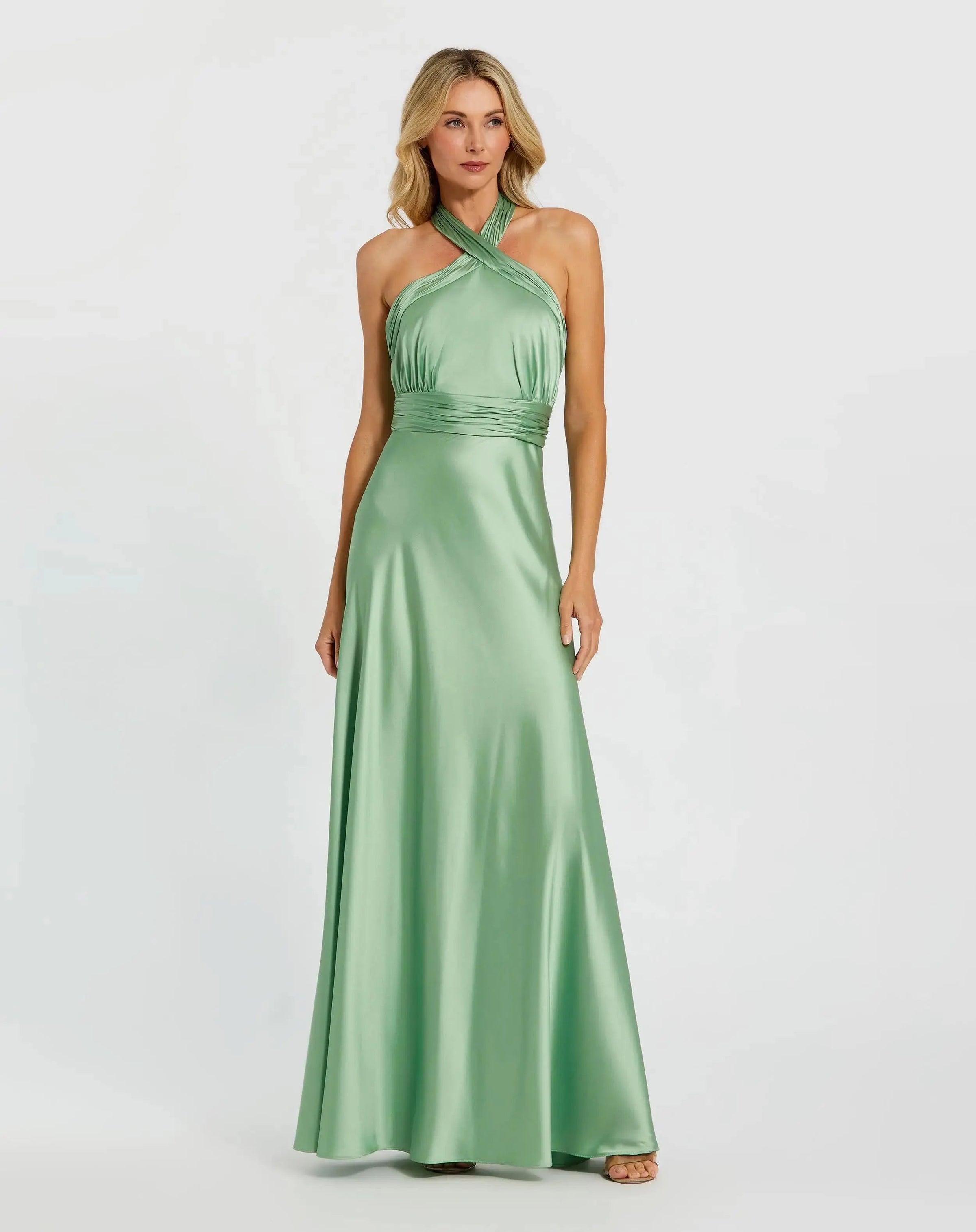Mac Duggal #49728 sage ruched halter neck tie back satin gown